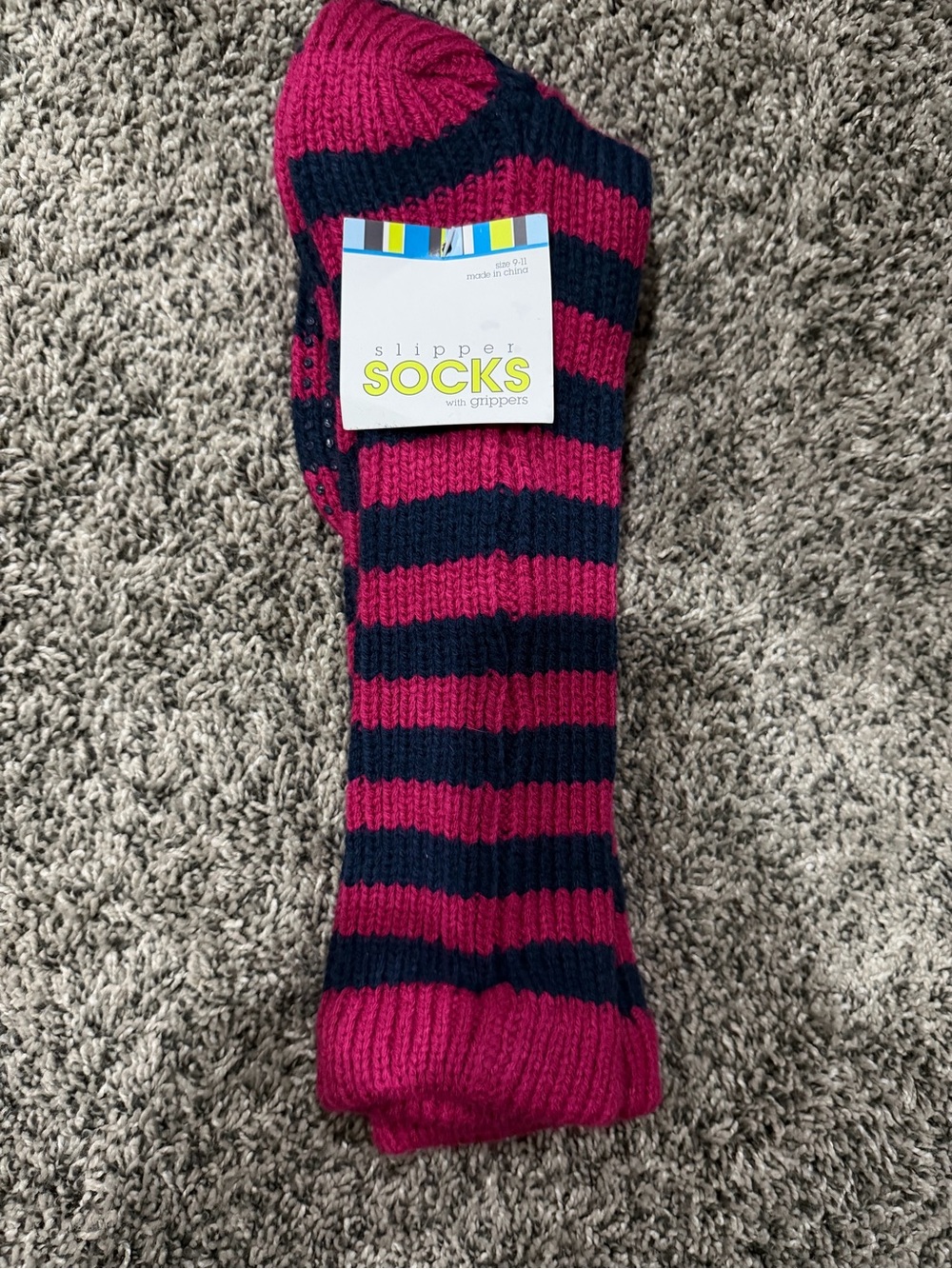 Slipper Socks with Grippers - Pink and Navy Stripes